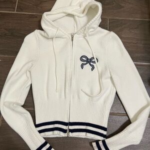 White Hooded Zip-Up Sweater with Bow Detail